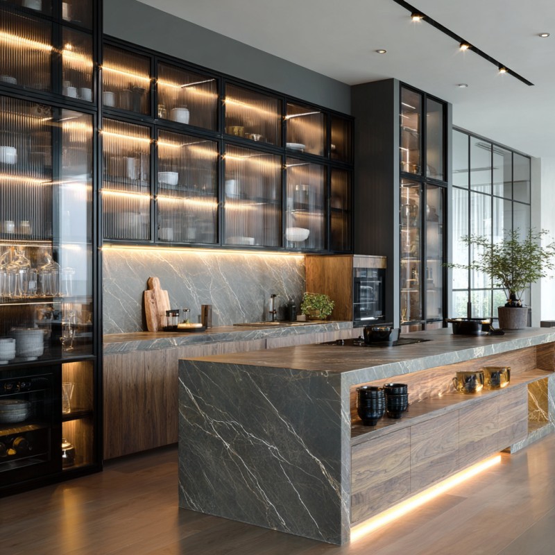 Aluminum Frame Glass Kitchen Cabinets